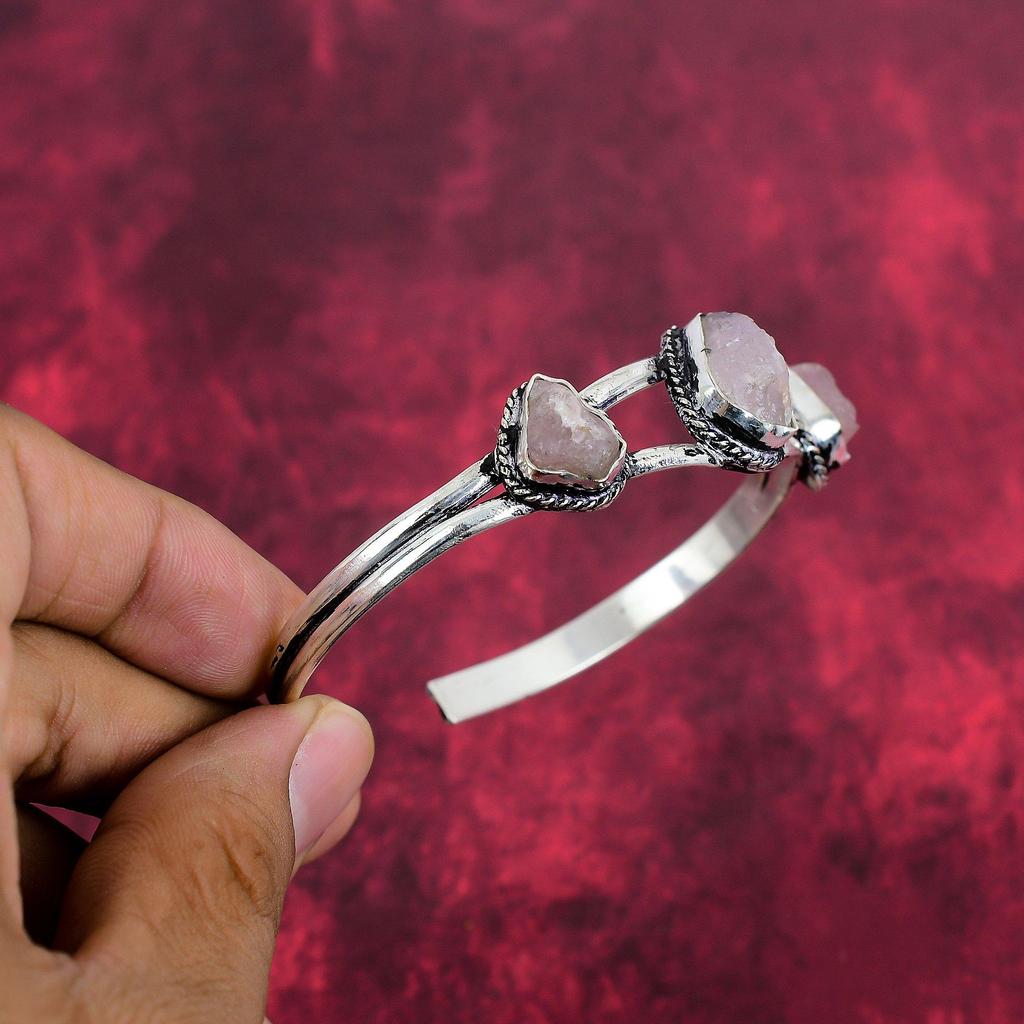 Rough Rose Quartz Bracelet Jewelry, Gemstone Bracelet 925 Solid Sterling Silver Jewelry, Handmade Unique Shape Adjustable Bracelet Jewelry