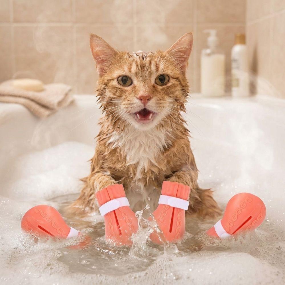 4PCS Soft Silicone Cat Bath Wash Boots Adjustable Pet Cat Shoes Cat Foot Cover  Bathing