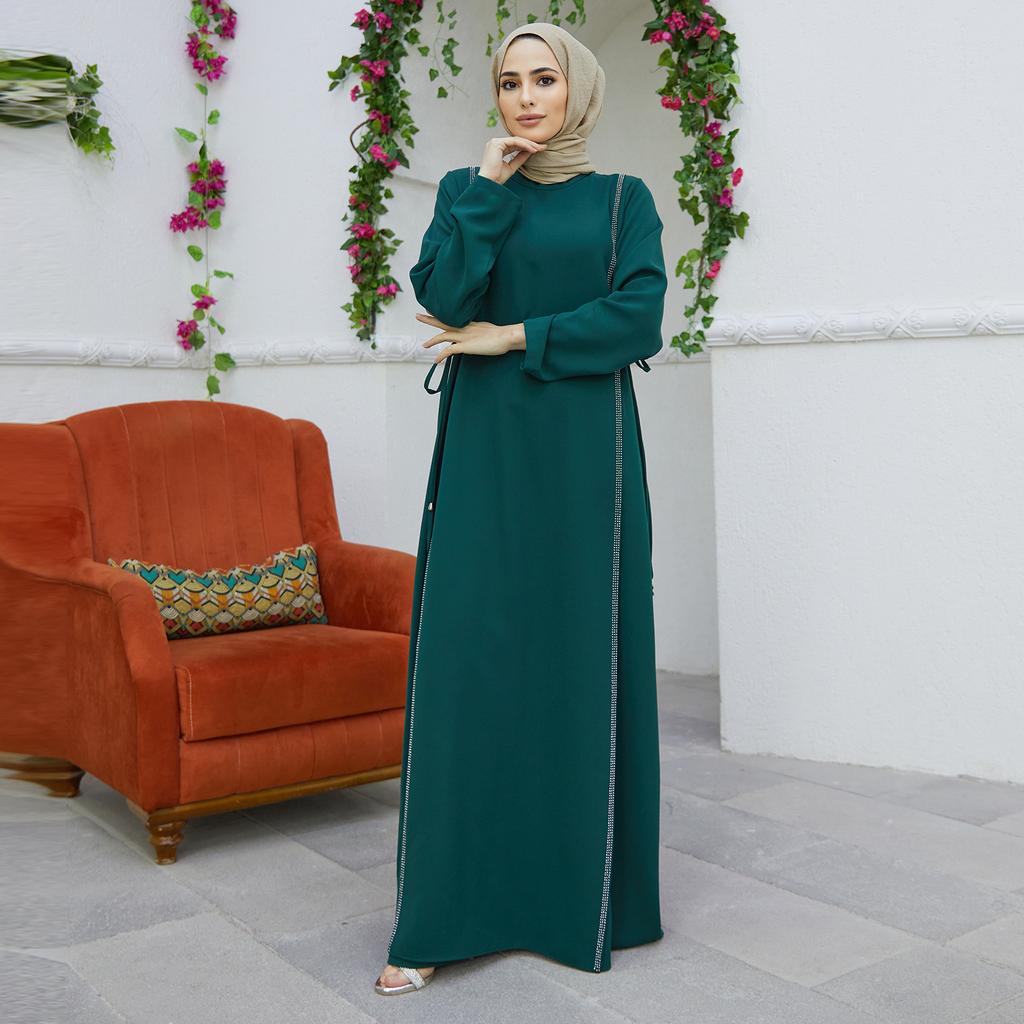 Side Tie Long Sleeve Plus Size Muslim Women Dress Abaya