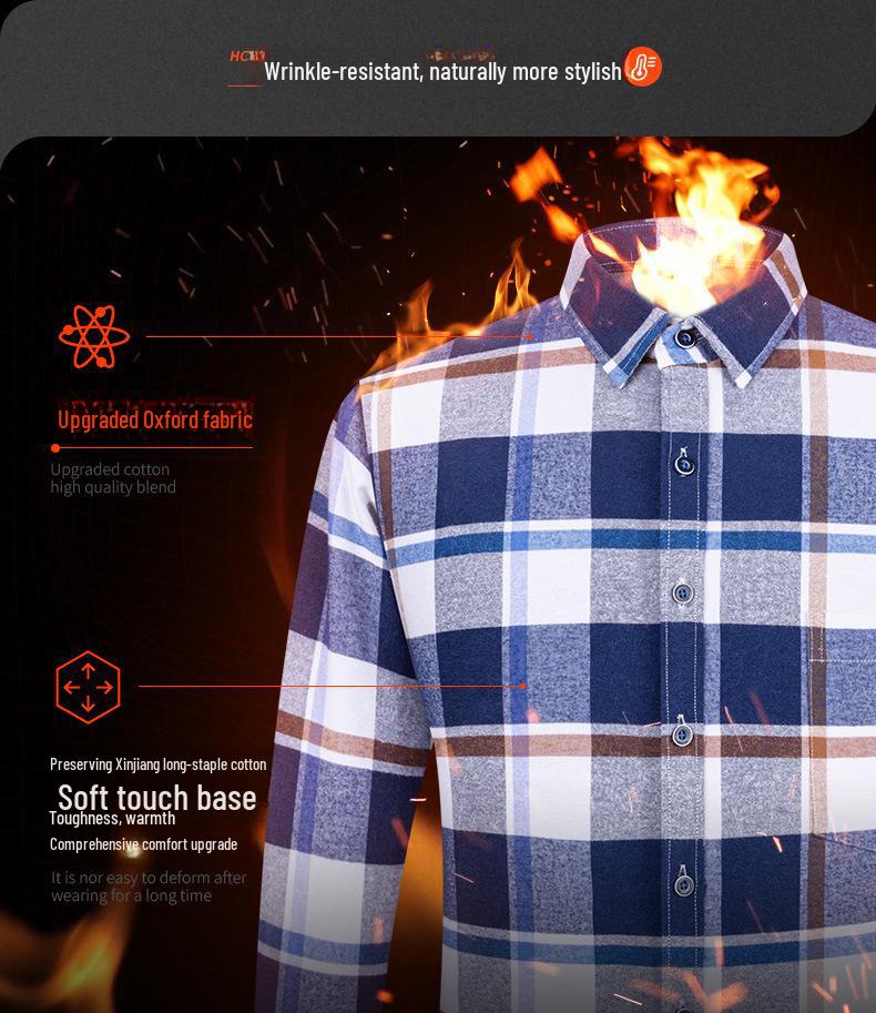 Men's Long Sleeve Cotton Plaid Shirt with Velvet Lining
