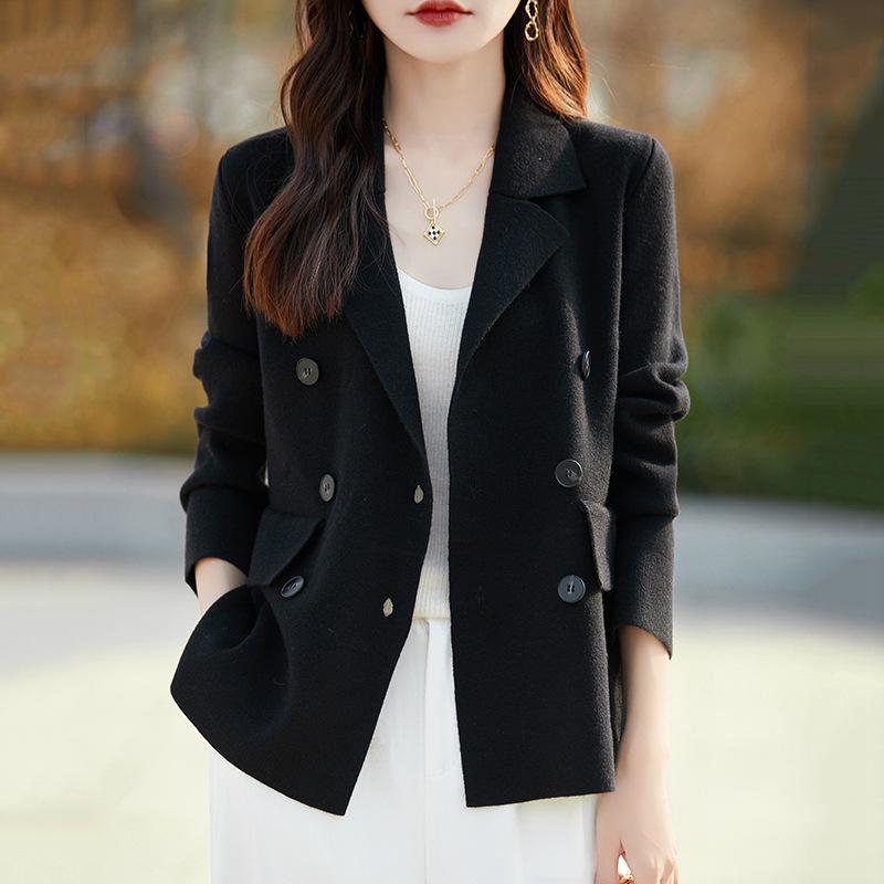 Women's Double-Breasted Wool Cardigan: Fine Knit, Long Sleeve, Loose Fit, Fashionable Commuting Coat.