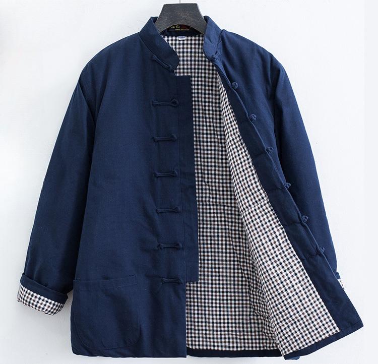 

Зимова бавовняна чоловіча куртка в стилі Тан, китайський стиль, комір-стійка, куртка на кнопках, утеплена куртка, потовщена для збереження тепла 4XL темно-синього кольору