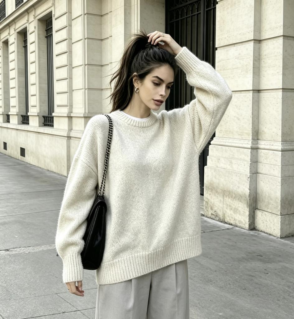 Cross-border Foreign Trade New Soft Waxy Round Neck Pullover Sweater Women's Autumn and Winter Loose and Versatile Basic Pullover Sweater Women's