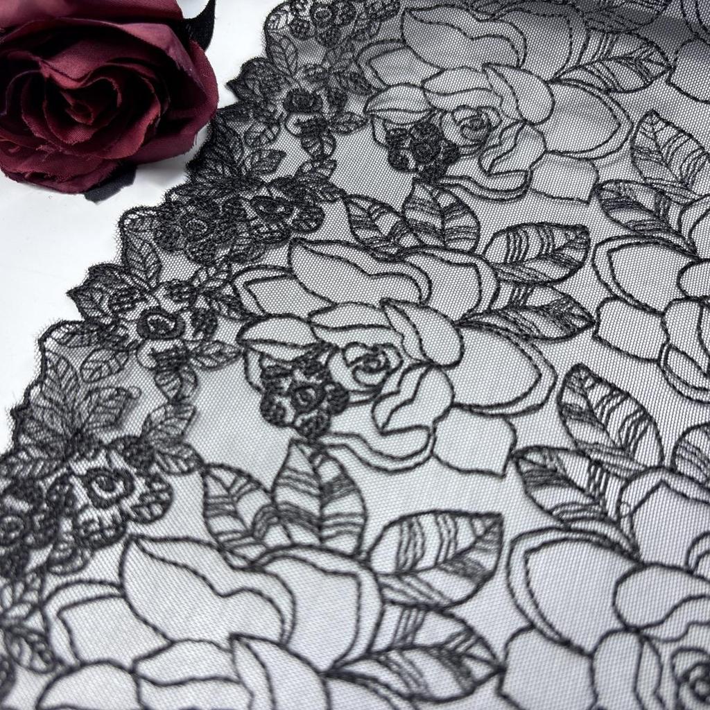 Elastic Net Embroidery Lace, 1m X 21cm, Black Stretchy Tulle Lace Trim for Lingerie, Bra, Underwear, Dress, Garment, Sewing & Crafting