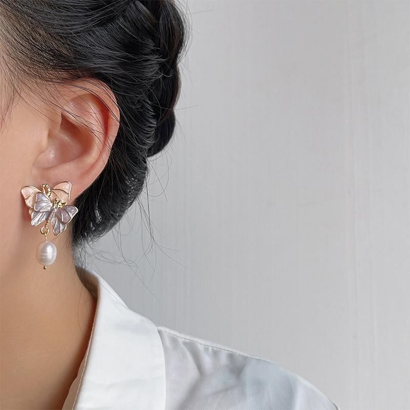 1Pair Purple Dream Butterfly Pearl Stud Earrings Korean Exquisite Gentle Sweet Earring For Women Girl Party Wedding Jewelry Gift