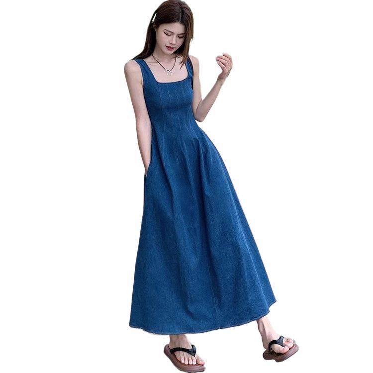 Blue Mist Love French Denim Dress Women's Summer Niche Design Sense Waist Temperament Suspender Long Dress