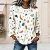 Women Plus Size White Abstract Printed Round Neck Long Sleeve Curved Hem Top