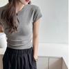 Women Crew Neck Short Sleeve Rib Knit Crop Top Slim Fit Curved Hem Solid Color Casual T Shirt