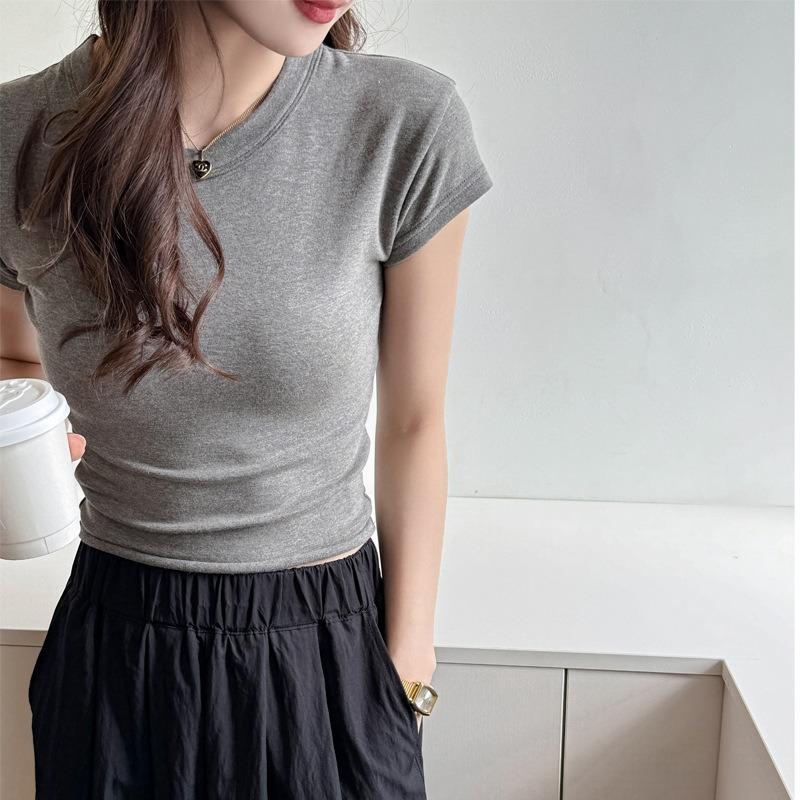 Women Crew Neck Short Sleeve Rib Knit Crop Top Slim Fit Curved Hem Solid Color Casual T Shirt
