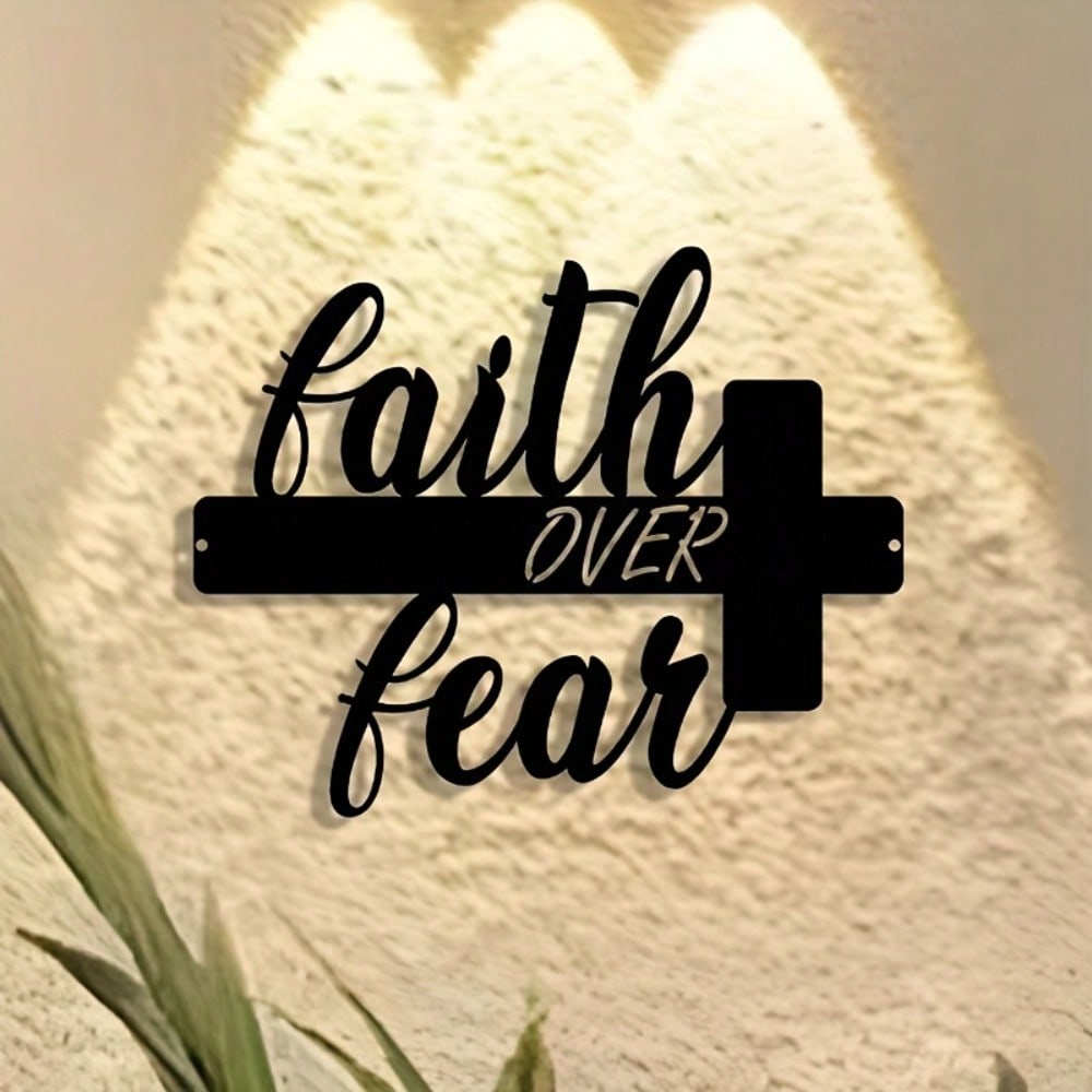 Vintage Faith Over Fear Cross Metal Sign Iron Wall Decor Inspirational Plaque Home Office Gift