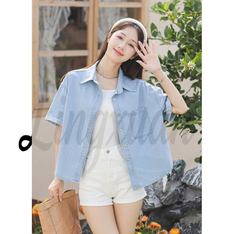

Breathable Soft Denim Short-Sleeved Shirt Medium светло-синий