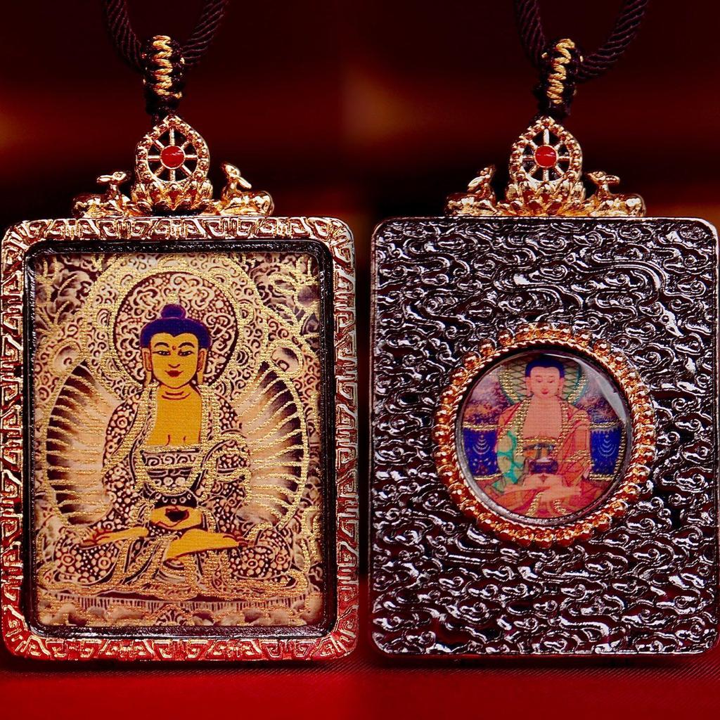 Qinghai Thangka Pendant: Eight Protectors Series, Semi-Hand-Painted Double-Sided Amulet with Guardian Deity.
