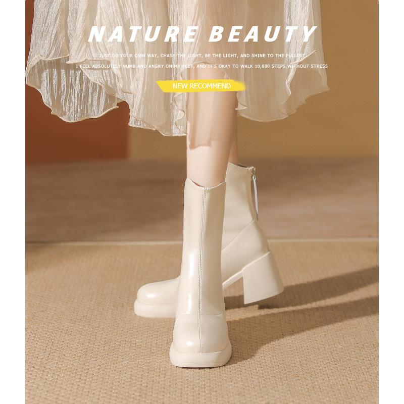 Autumn and winter new small short boots women's thick heel thin boots round head super soft thick sole white short boots tide
