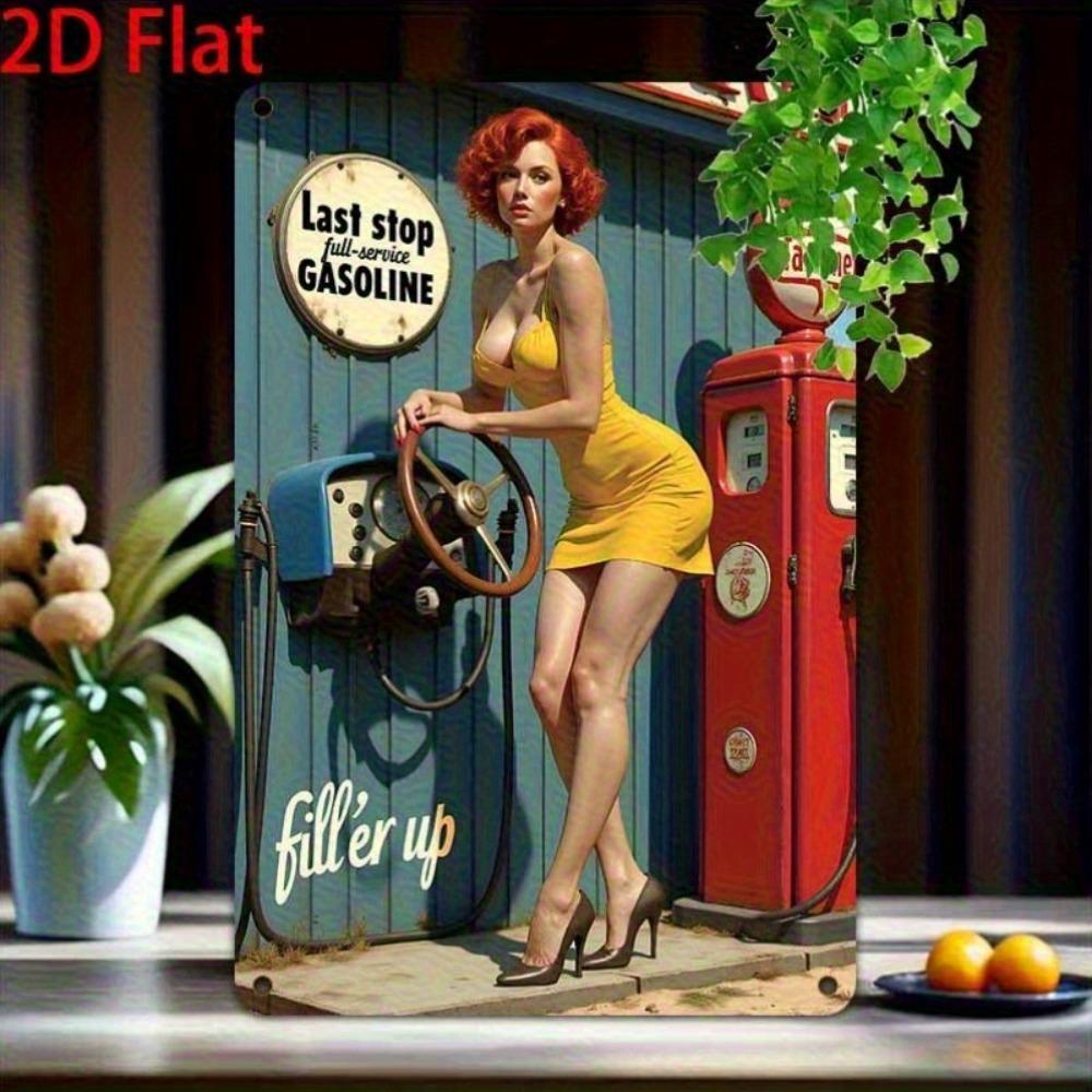 

Vintage Gas Pump Metal Tin Sign 12x8 Inch Red-Haired Woman Yellow Dress Home Bar Garage Wall Decor (as the picture,20x30cm)