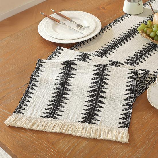 Bohemian Table Runner Knitted Table Runner with Tassels Black White Table Runner Dining Table Decoration for Farmhouse Weddings Parties