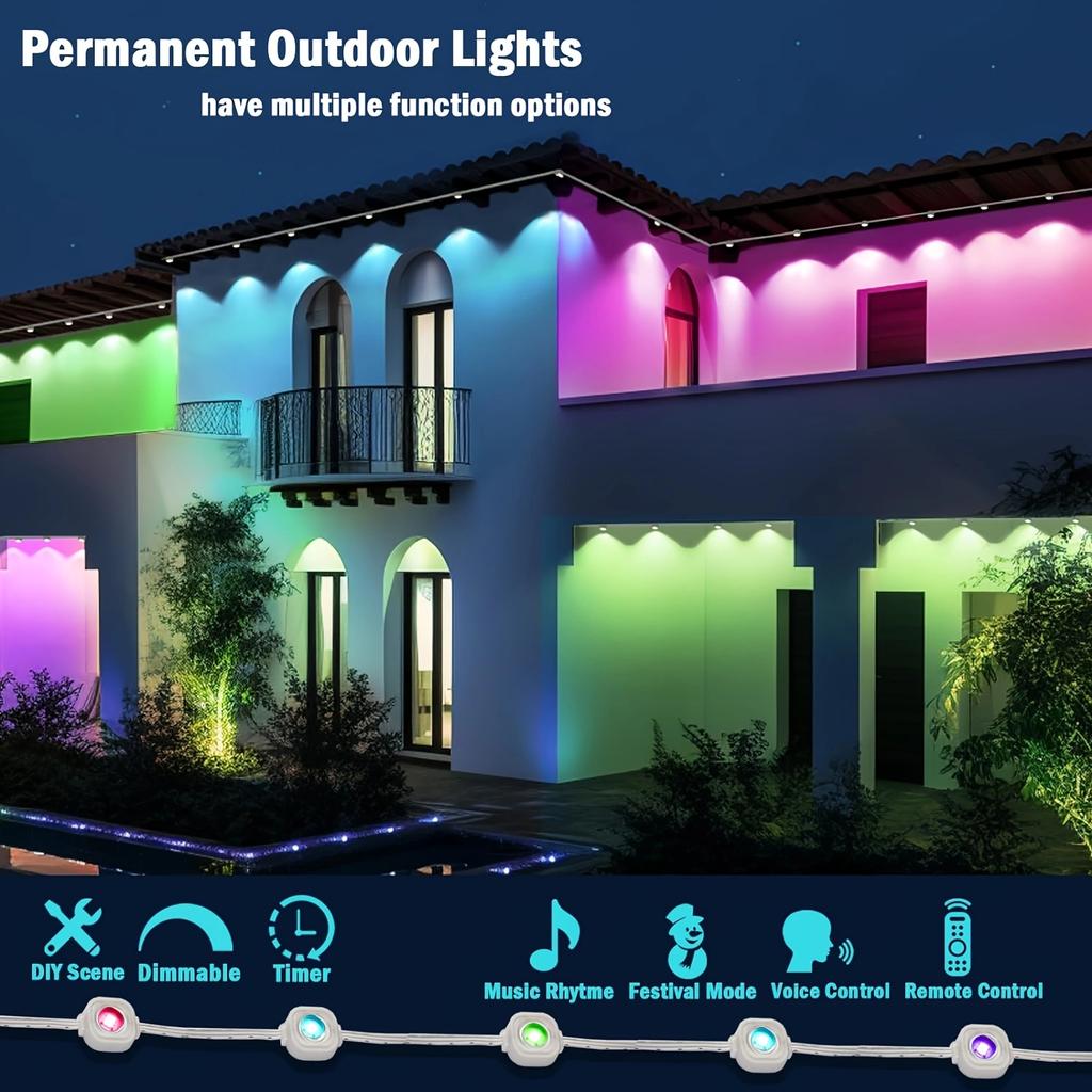 MIMIRGB Permanent Outdoor Lights Smart RGBIC Eaves LED Lights Festival Flashing Lighting Fairy String for Holiday Decorations