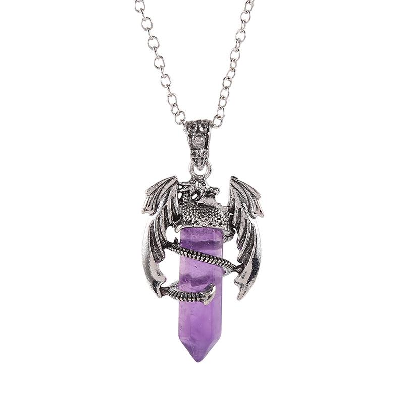 Vintage Flying Dragon Pendant Necklace with Amethyst, Rose Quartz, and Tiger Eye Gems