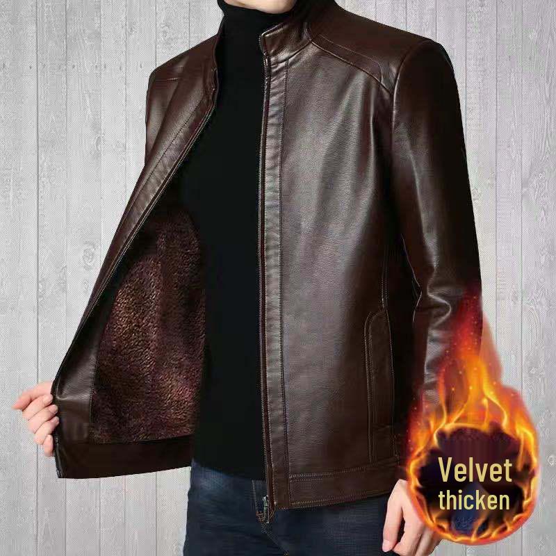 Haining Men's Real Leather Jacket - Middle-Aged and Elderly Spring Autumn Business Casual Fleece-Lined Coat