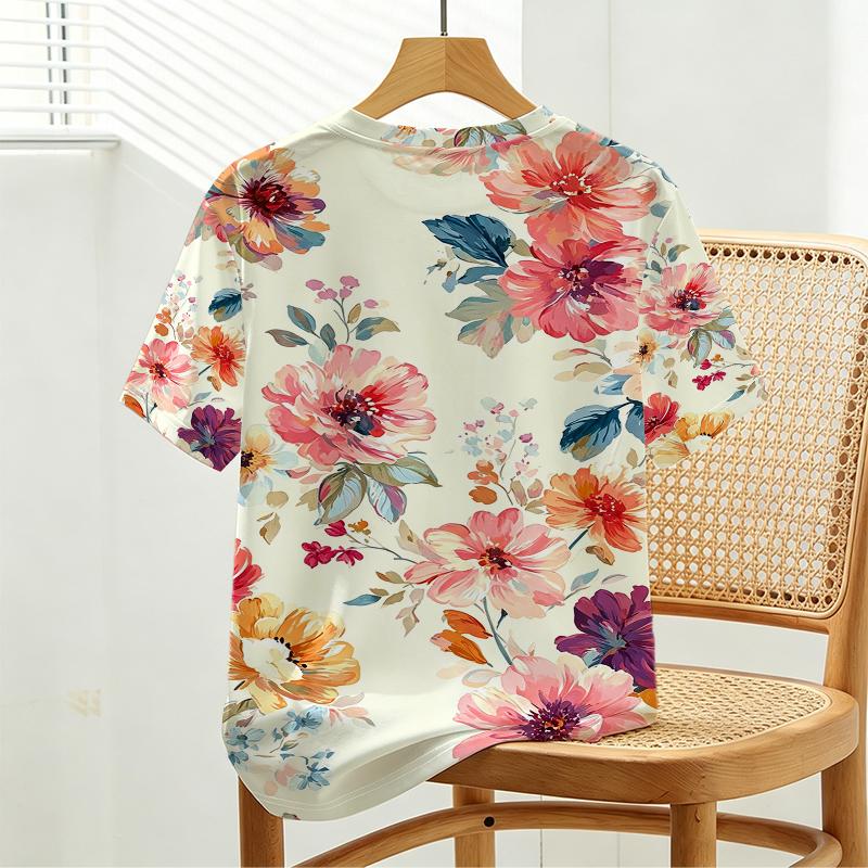 Women's Minimalist Colorful Floral Basic Crew Neck T-Shirt,Soft Loose Short Sleeve for Summer,Versatile Daily Casual,Outing & Home Wear