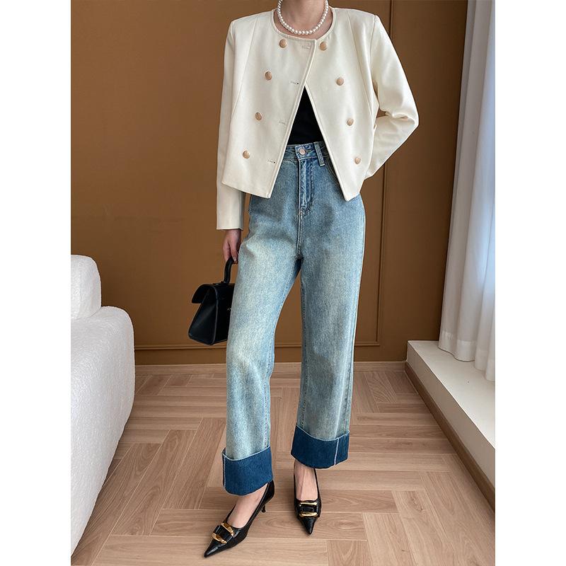 Colorblocked Rolled Hem Stitching Design Wide Leg Jeans Early Spring