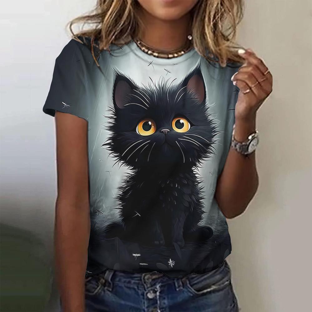 New Kawaii Cat Printed T-shirt For Women Plus Size Tops 2024 Summer Women's Trend Clothing Crew Tee Female Short Sleeve T Shirts