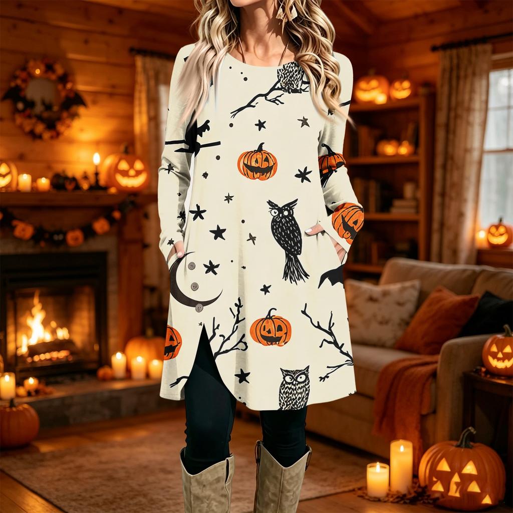 Women's Casual Long Sleeve Printed Round Neck Dress for Everyday Wear