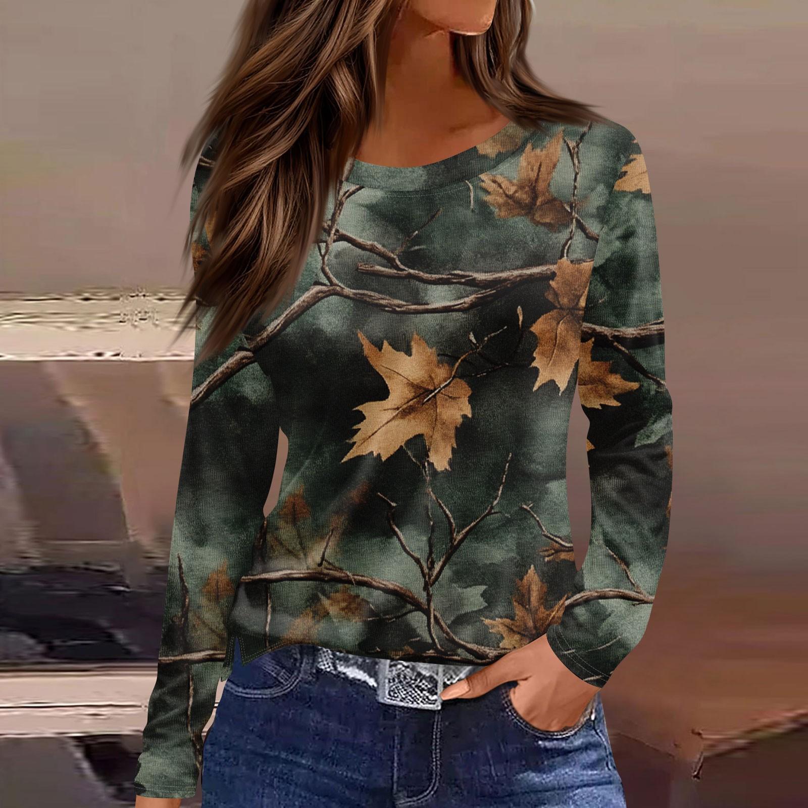 

Женская мода повседневный топ с разрезом по низу и принтом мертвых листьев, круглый вырез, длинный рукав S
