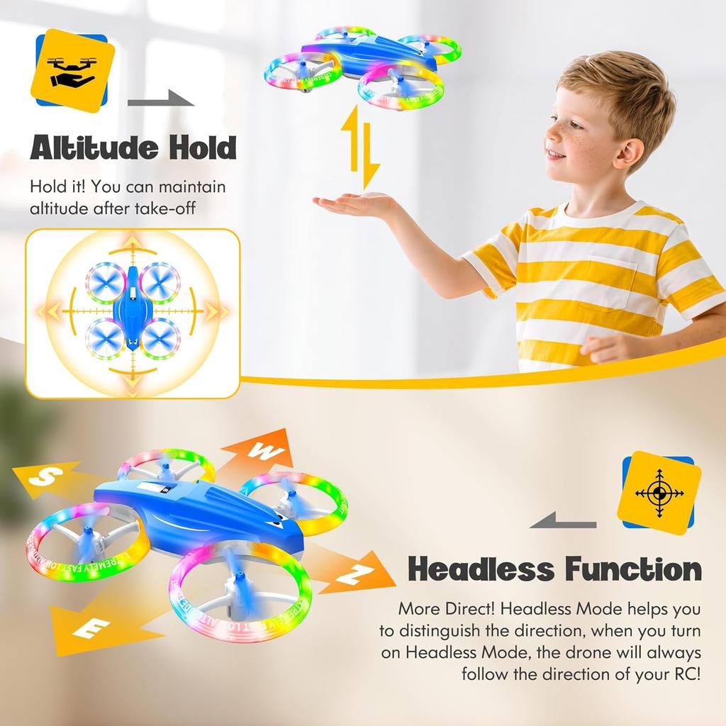 Drones for Kids With Cool Light, Kids Drone with 3D Flip, Altitude-Hold, Self-Rotation, Headless Mode, 3 Speed Modes, One-Click Take-off/Landing,
