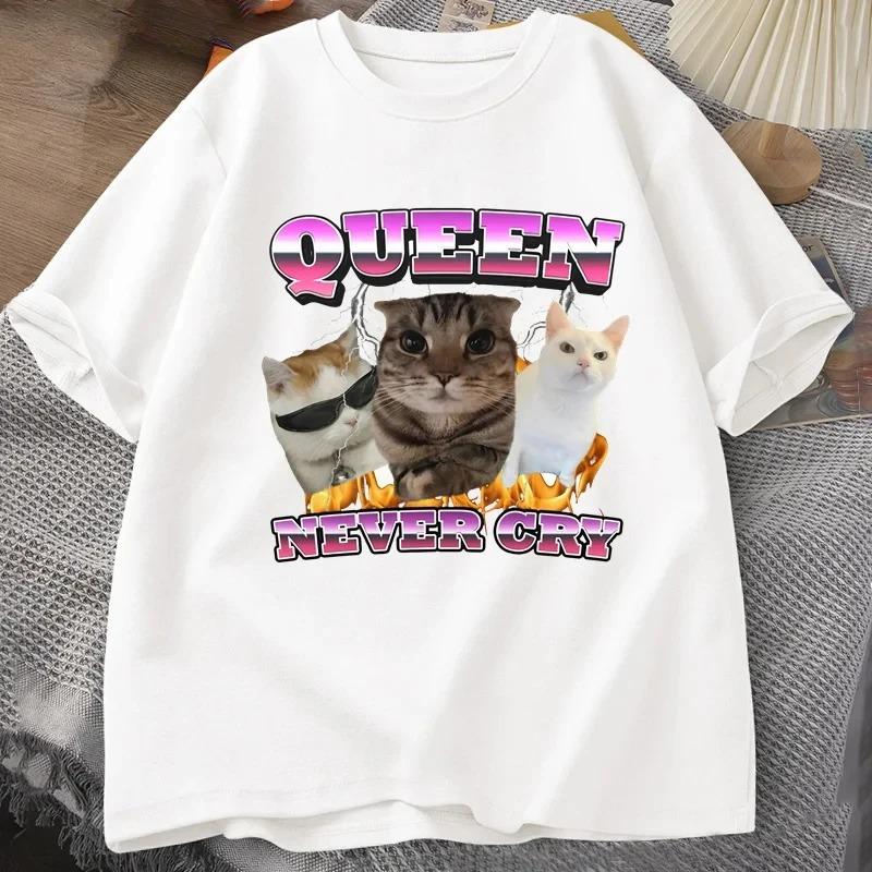 Vintage 90s Bootleg Style "Queen Never Cry" Funny Meme Cats With Lightning & Flame Effect Cute Kawaii Cat Lover Oversized Graphic T-Shirt