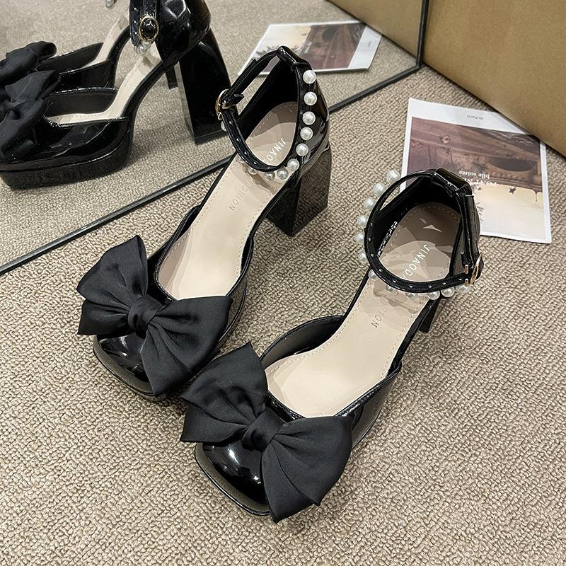 

Милые босоножки с бантом на голове для женщин 2025 года, весна-лето, новые модные туфли на толстом каблуке с бантом, нескользящие туфли Мэри Джейн на высоком каблуке 34 чёрный