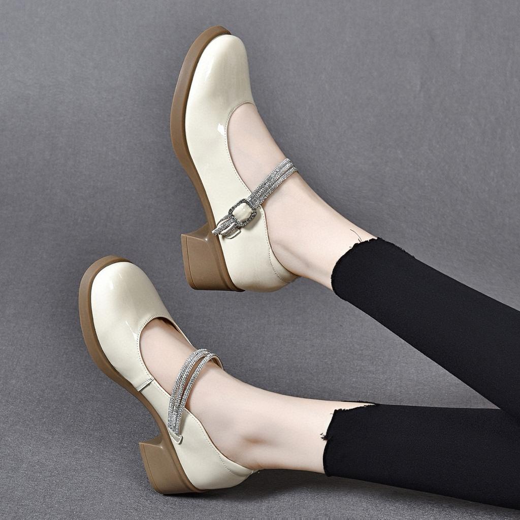 Round head one-word buckle small leather shoes women's 2025 British college style thick heel rhinestone Mary Jane shoes cowhide women's high heels