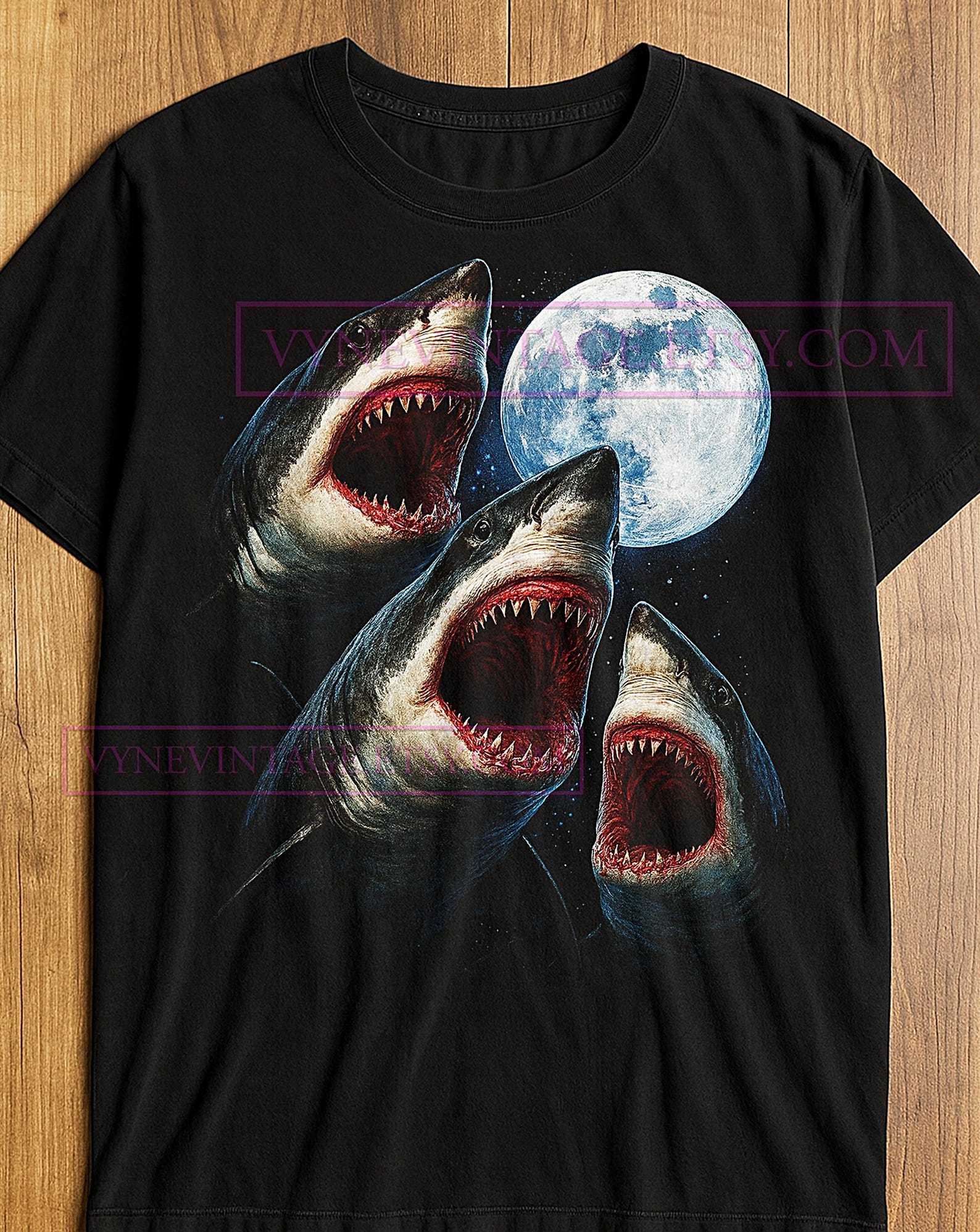 Three Sharks Howling At The Moon T-Shirt, Ocean Predator Full Moon Graphic Tee, Sea Creature Art, Vintage Shark Shirt, Full Moon Lover Gift 3XL