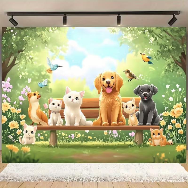 2D Cute Animals Park Bench Backdrop for Kids Birthday & Baby Shower