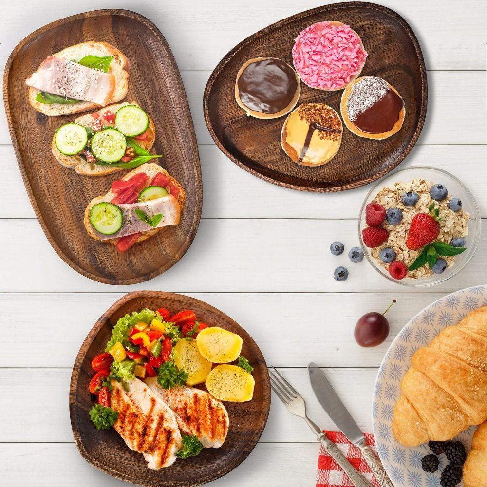 Insulated Design Acacia Wood Serving Platter Elliptical Handcrafted Breadboard Lightweight Solid Wood Pattern