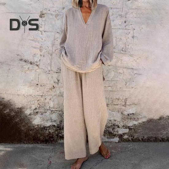 Dámský volný dvoudílný outfit top s dlouhým rukávem a výstřihem do V široké kalhoty s kapsami ležérní souprava na doma