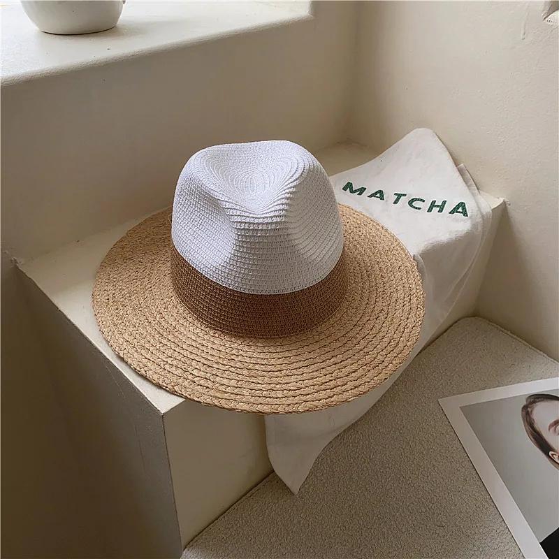 

Summer Lafite Grass Spliced Fashion Sunshade Straw Hat Womens Wide Brim Jazz Beach Hat Holiday UV Protection Sunscreen Sun Hat Adjustable белый