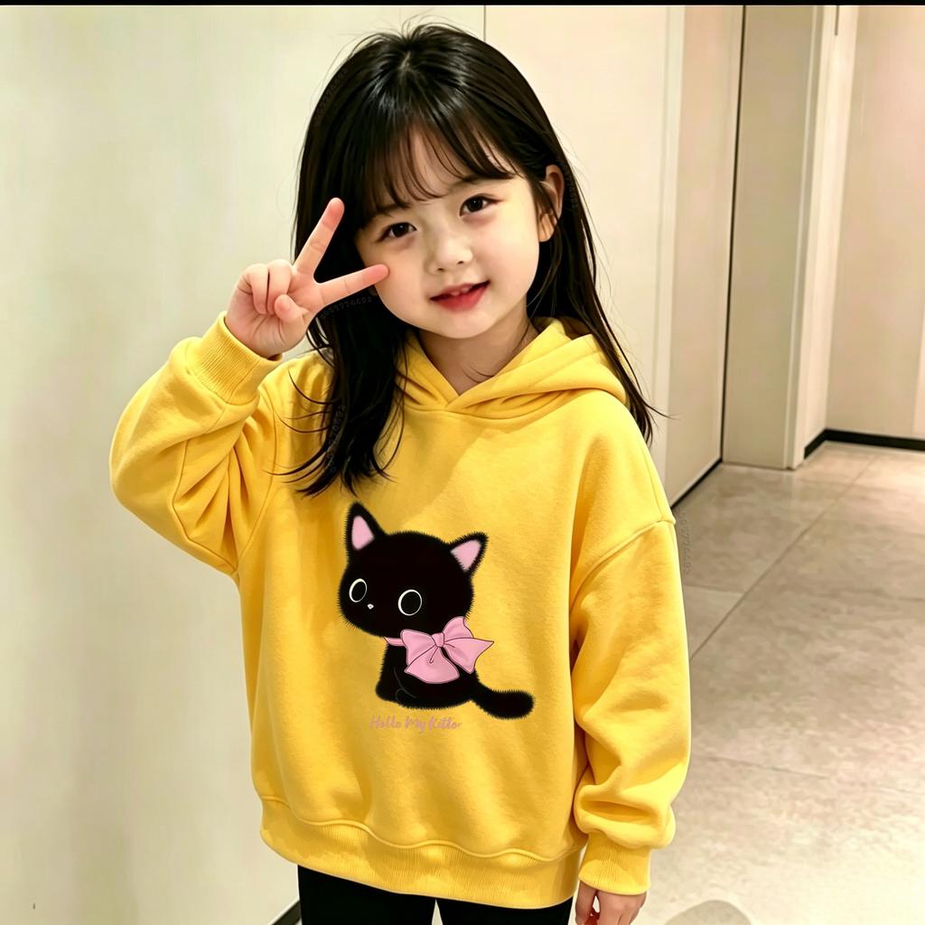 Latest model Cartoon Black Cat Pink Ribbon Hello My Kitten Loose Hoodie for Children's Daily Sports Large Size Hooded Sweatshirt