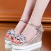 Wedge heel sandals women's summer new high-heeled breathable thick-soled flower rhinestone one-word buckle women's sandals 2025