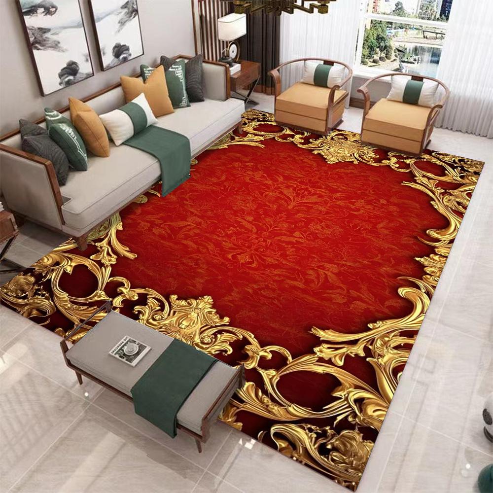 Red Gold Vintage Carpet Rug Luxury European Style Floral Pattern Non-Slip Durable Home Decoration Living Room Bedroom Floor Mat
