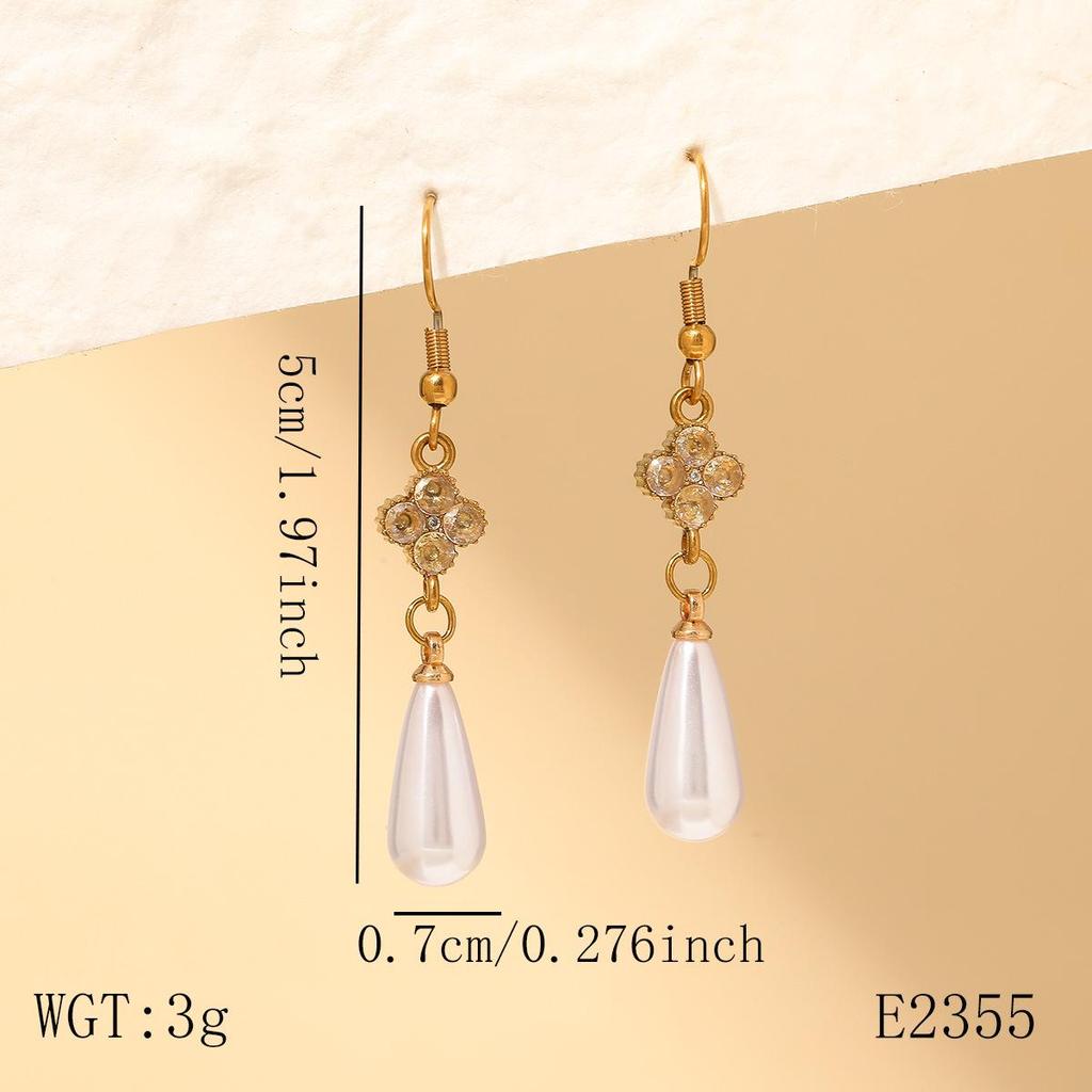 White Diamond & Pearl Four-Leaf Clover Stainless Steel Earrings for Women - Fashionable Water Drop Pendant Accessories