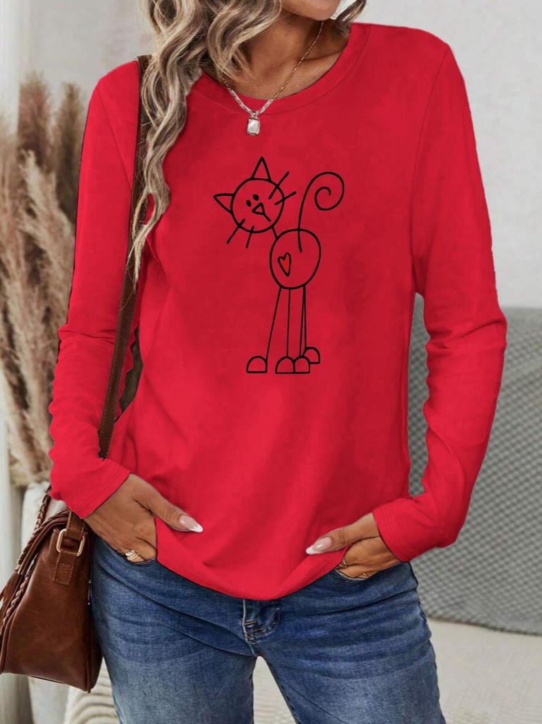 Spring and Autumn Women's 100% Cotton Fashion Casual Loose Butterfly Pattern Print Round Neck Long Sleeve T-shirt Base Shirt