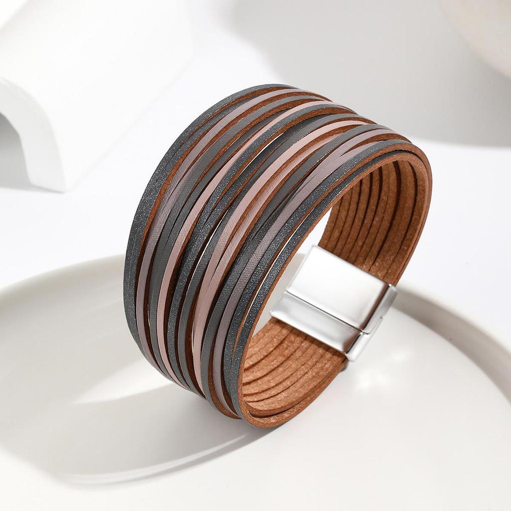 Gradient Multi-Strand Men's and Women's Bracelet with PU Leather Cord and Magnetic Clasp.