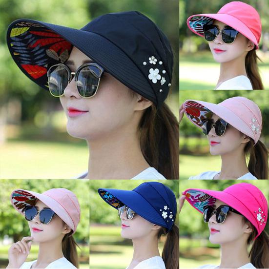 Women Solid Color Wide Brim Beads Flower Decor Sun Hat Visors Outdoor Sports Cap