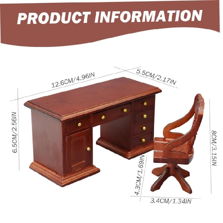 Realistic Miniature Wooden Office Desk With Chair 1/12 Scale Historical Study Room Addition For Models