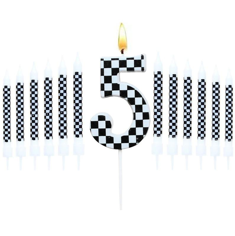 1/6/12/13 Pcs Racing Cars Themed Birthday Candles Black and White Race Number Checkered Candle Cake Topper for Racing Car Party