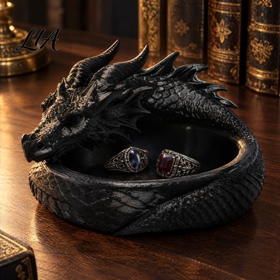 Dresser Top Storage 3D Printed Coiled Dragon Jewelry Tray, Dark Fantasy Trinket Organizer Dish, Theme Party Supplies Gothic Desk for Entryway,