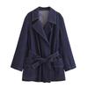 2025za Hot-Selling Plus-Size Women's Retro Belted Lapel Long-Sleeve Denim Jacket