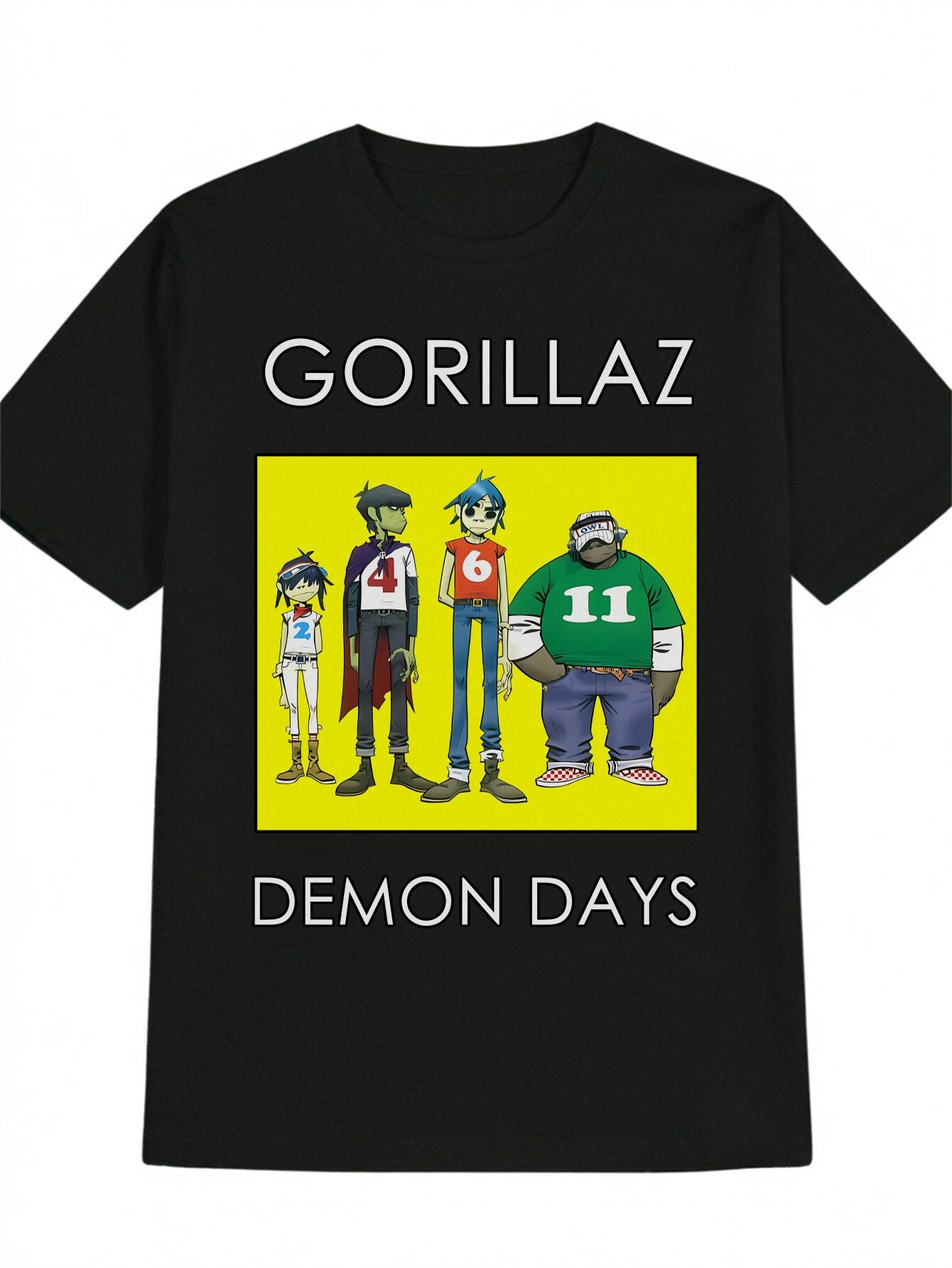Casual Crew Neck T-shirt with Cartoon Character Print -  GORILLAZ DEMON DAYS  Graphic Design XXL