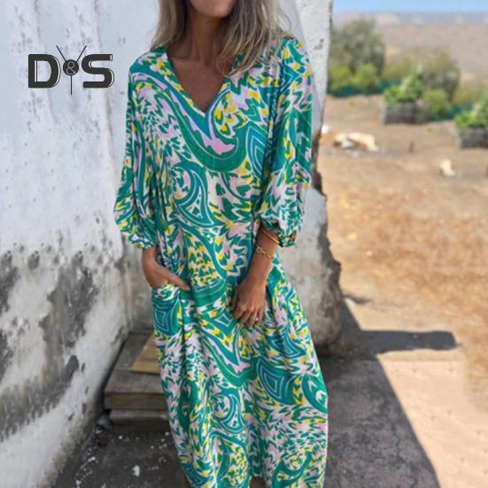 Bedrucktes Maxikleid für Damen, Frühling/Sommer, V-Ausschnitt, Boho-Urlaubskleid, lange Ärmel, lockeres Kleid mit Taschen für den Alltag, Partys, Strand