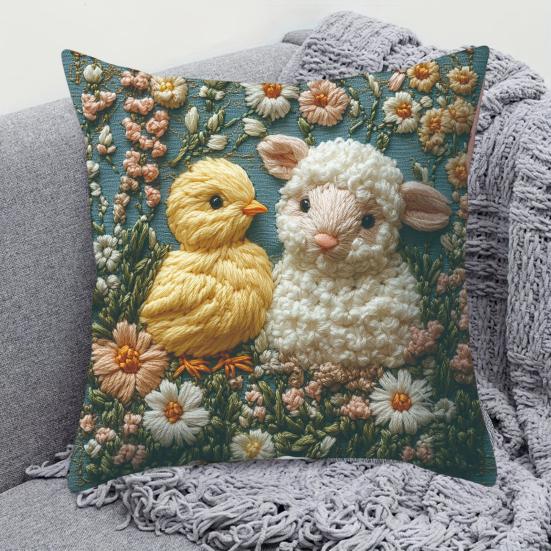 Easter Bunny Pillowcase Imitation Embroidery Lamb And Chick Print Pillowcase Farmhouse Throw Pillow Cover for Parties Living Room Couch Sofa Decor